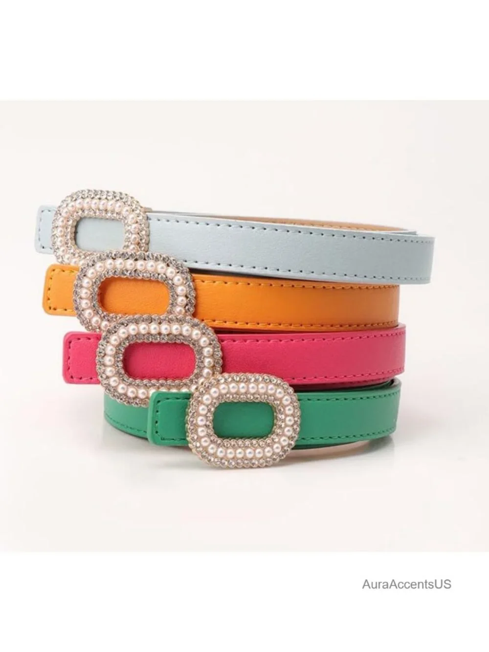 Elegant Rhinestone Buckle Skinny Leather Adjustable Belt for Jeans Dresses Pants